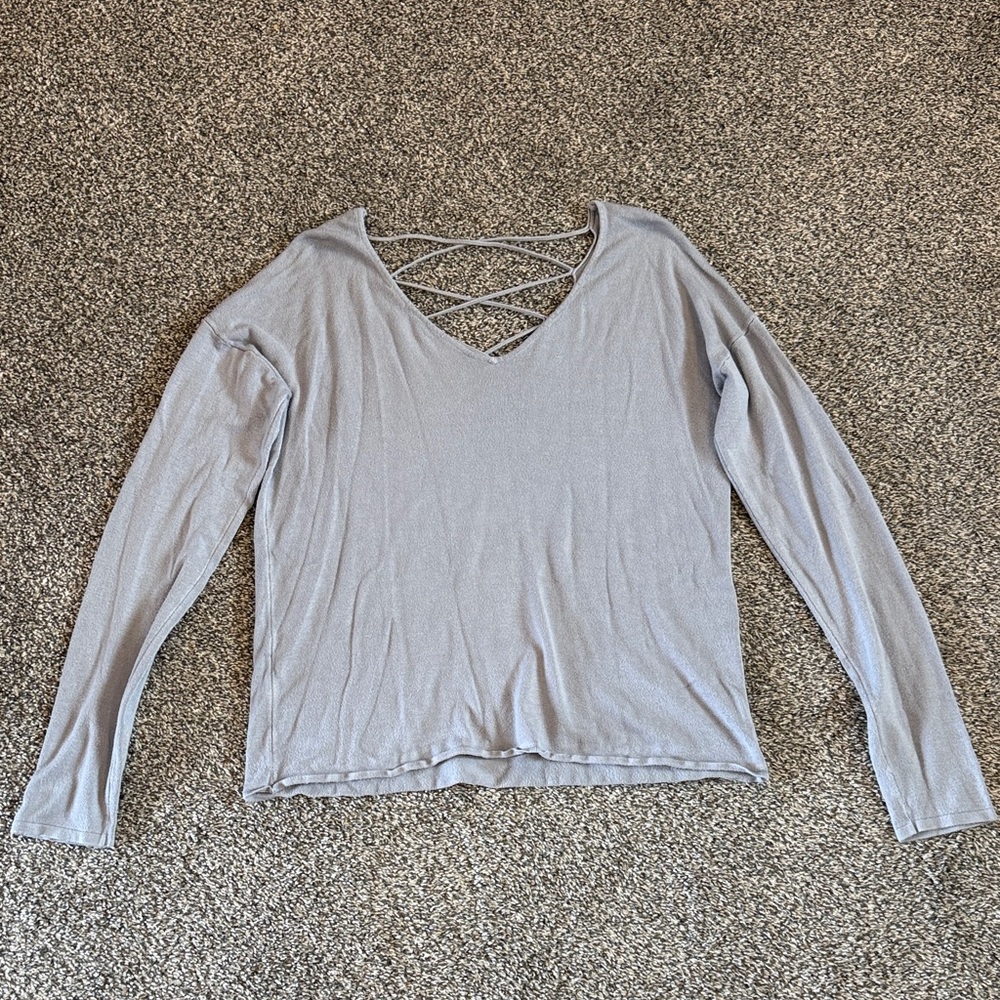 Garage Light Blue/Gray Long Sleeve Top with V-Neck Crisscross